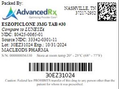 Eszopiclone 3mg Tab Qty 30 Ndc 80425 0065